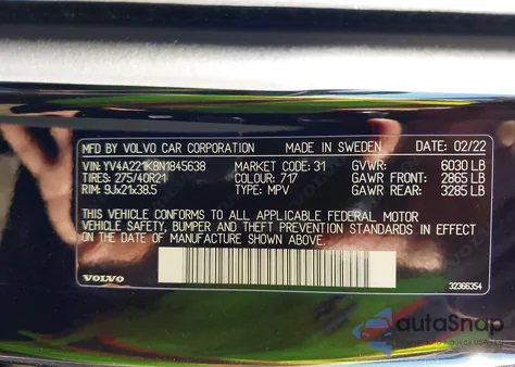 2022 Volvo Xc90 T6 Momentum 6 Passenger from USA, damaged, VIN YV4A221K8N1845638